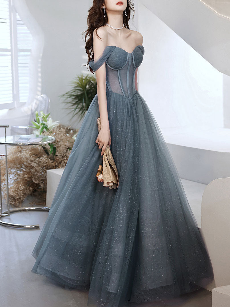 Blue Sweetheart A-line Tulle Long Formal Dress, Blue Evening Gown Prom Dress