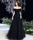 Black Off Shoulder Tulle Floor Length Party Dress, Black Wedding Party Dress