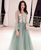 Light Green Puffy Sleeves Tulle with Flower Party Dress, Green A-line Prom Dress