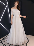 White Tulle with Lace Sleeves Long Party Dress, White Bridesmaid Dress