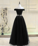 Black Beaded Off Shoulder Tulle Long Party Dress, Black A-line Prom Dress