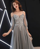 Grey Long Sleeves Tulle with Flowers Formal Dress, A-line Grey Prom Dress