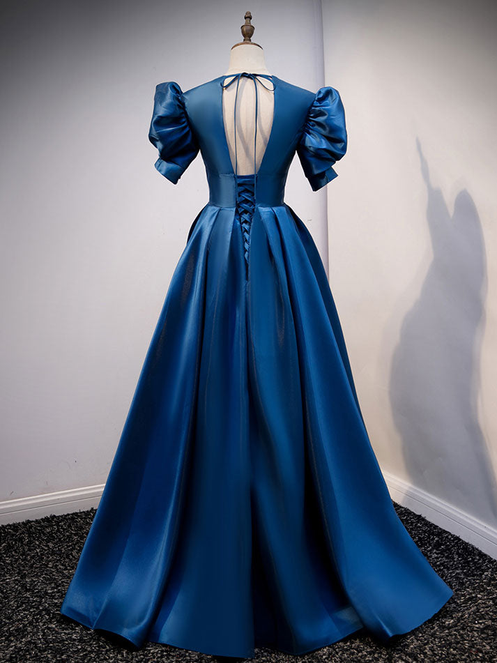 Blue Satin Long Simple Open Back Party Dress, Blue Floor Length Prom Dress