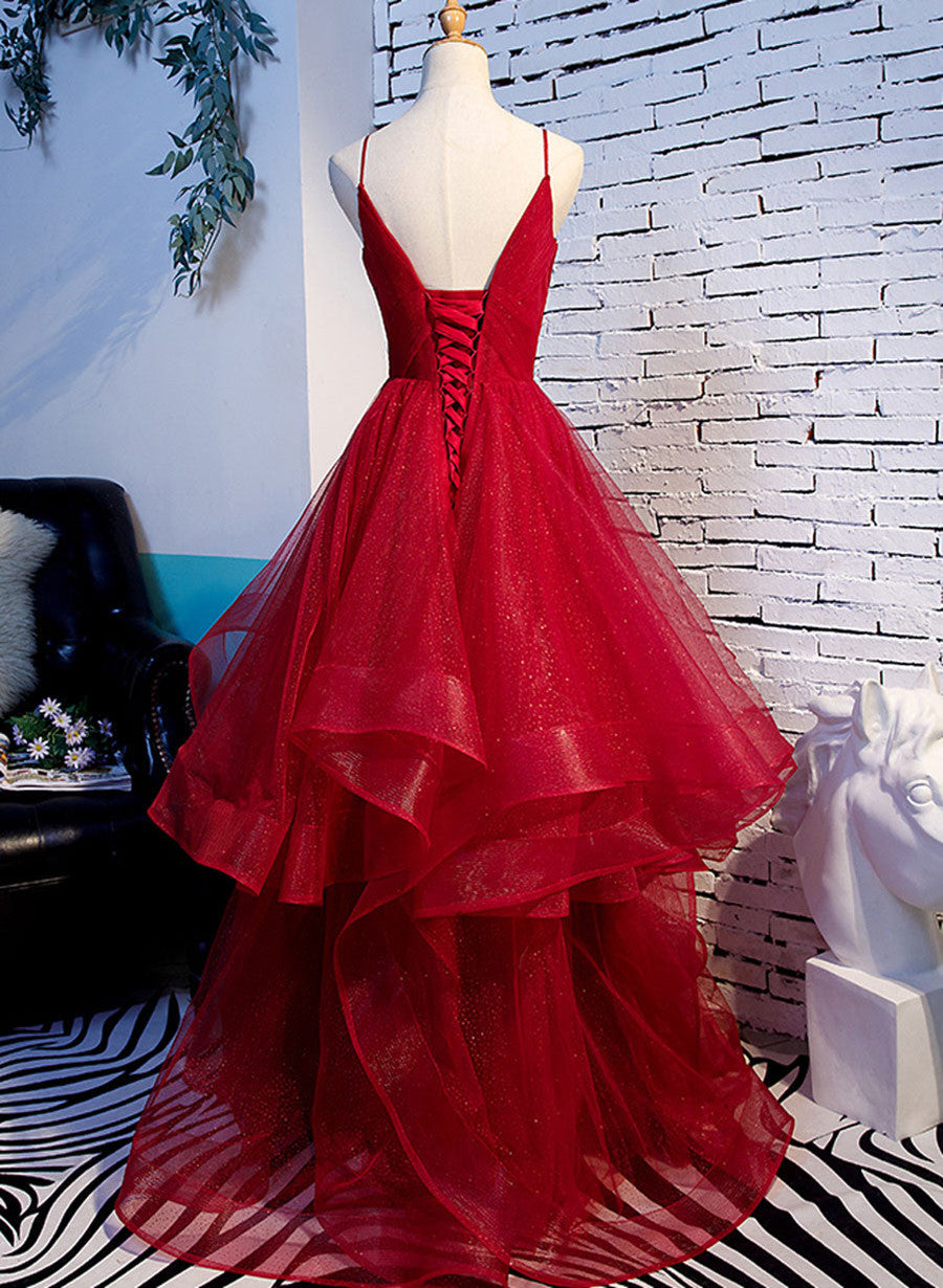 Red V-neckline Tulle Straps Long Formal Dress, Red Layers Prom Dress