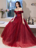 Wine Red Tulle Off Shoulder Beaded Shiny Long Prom Dress, Wine Red Evening Dress