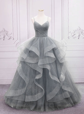 Light Grey Tulle Ball Gown Long V-neckline Formal Dress, Grey Wedding Party Dress