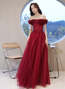 Red Off Shoulder Beaded Full Length Evening Dress