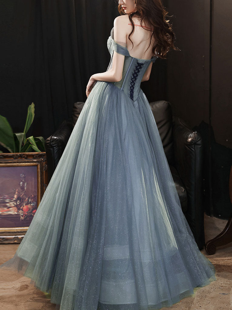 Blue Sweetheart A-line Tulle Long Formal Dress, Blue Evening Gown Prom Dress