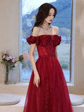 Wine Red Tulle Off Shoulder Beaded Shiny Long Prom Dress, Wine Red Evening Dress