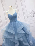 Blue A-line Tulle Long Sweetheart Party Dress, Blue Long Formal Dress