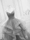 Light Grey Tulle Ball Gown Long V-neckline Formal Dress, Grey Wedding Party Dress