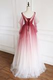 Dark Red Gradient Tulle Beaded Round Neckline Prom Dress, A-line Tulle Formal Dress