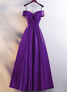 A-line Purple Satin Sweetheart Floor Length Prom Dress, Purple Bridesmaid Dress