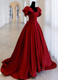 Wine Red Satin V-neckline Long Formal Dress with Bow, Wine Red Sweet 16 Dress