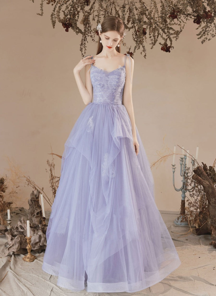 Lavender Tulle V-neckline Long Party Dress with Lace, A-line Tulle Prom Dress