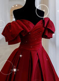 Wine Red Satin V-neckline Long Formal Dress with Bow, Wine Red Sweet 16 Dress