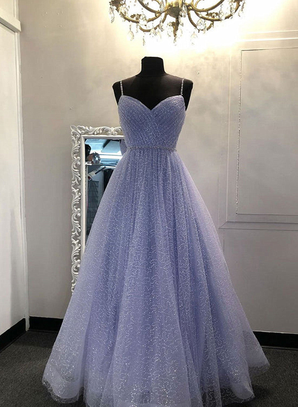 Blue Sweetheart Beaded Tulle Straps Party Dress, Blue Long Prom Dress