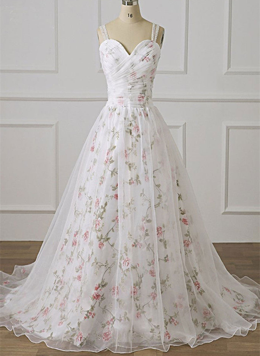 White Tulle Sweetheart Straps Floral Long Party Dress, White Evening Dress Prom Dress