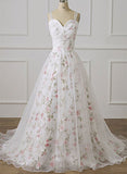 White Tulle Sweetheart Straps Floral Long Party Dress, White Evening Dress Prom Dress