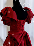 Wine Red Satin V-neckline Long Formal Dress with Bow, Wine Red Sweet 16 Dress