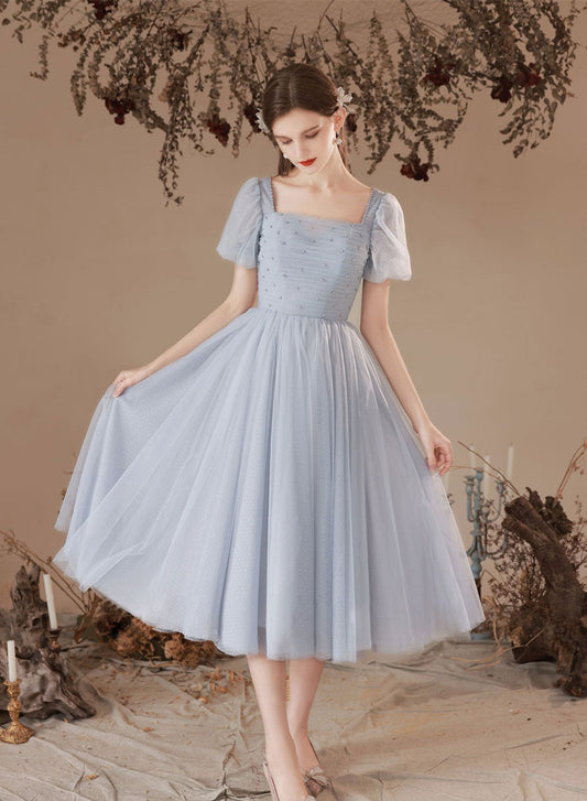 Grey Tulle Tea Length Short Sleeves Party Dress, Grey Tulle Formal Dress