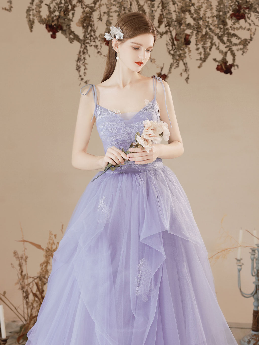 Lavender Tulle V-neckline Long Party Dress with Lace, A-line Tulle Prom Dress