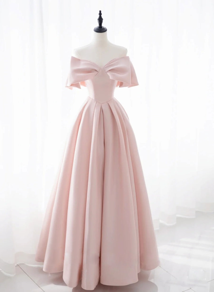 Pink Satin Sweetheart with Bow Party Dress, Pink Long Prom Dress