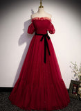 Wine Red Tulle Short Sleeves Tulle Long Party Dress, Wine Red Evening Dress