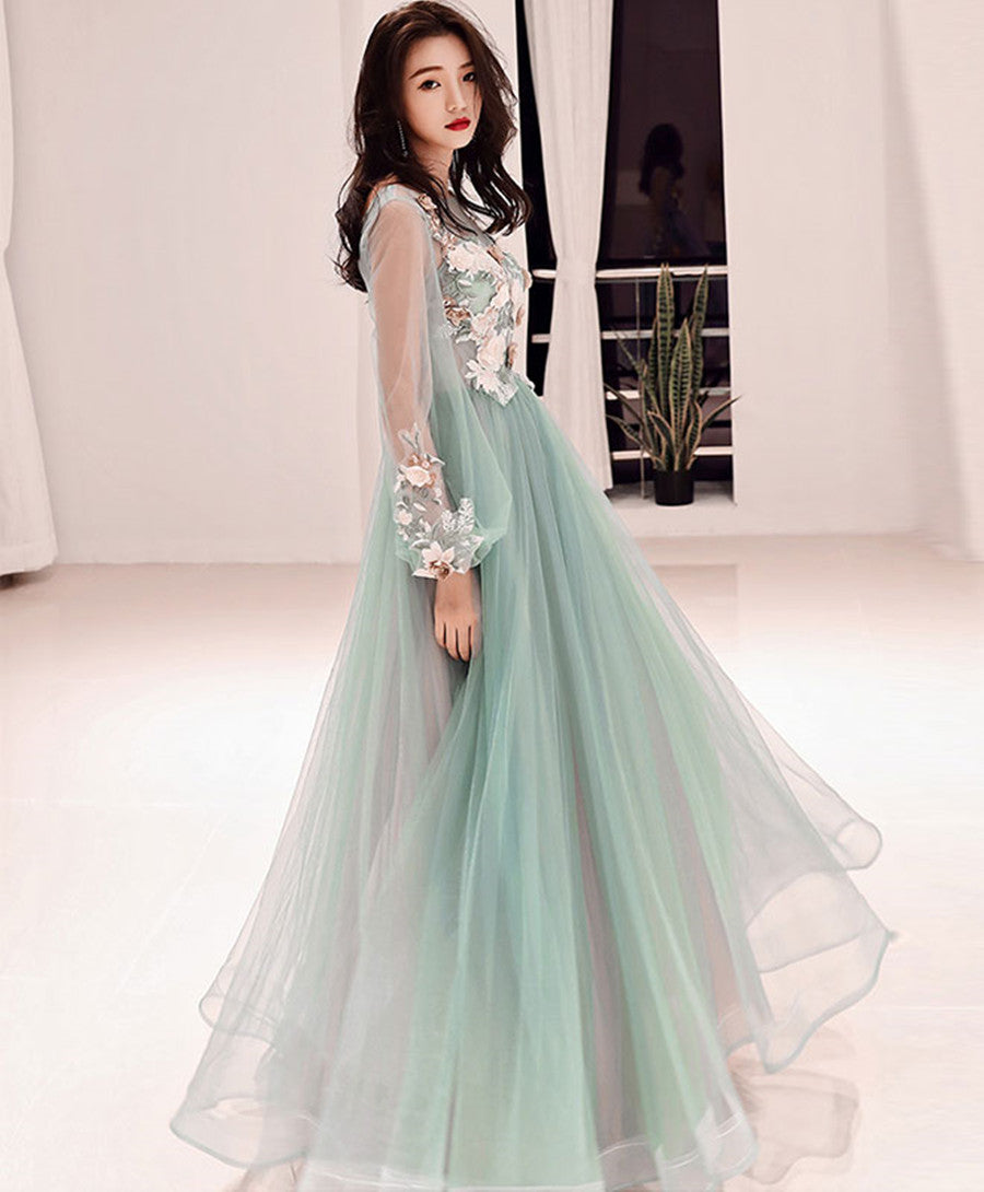 Light Green Puffy Sleeves Tulle with Flower Party Dress, Green A-line Prom Dress