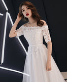 White Tulle with Lace Sleeves Long Party Dress, White Bridesmaid Dress