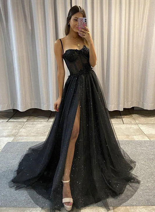 Black Sweetheart Tulle with Lace Slit Leg Prom Dress, A-line Black Evening Dress