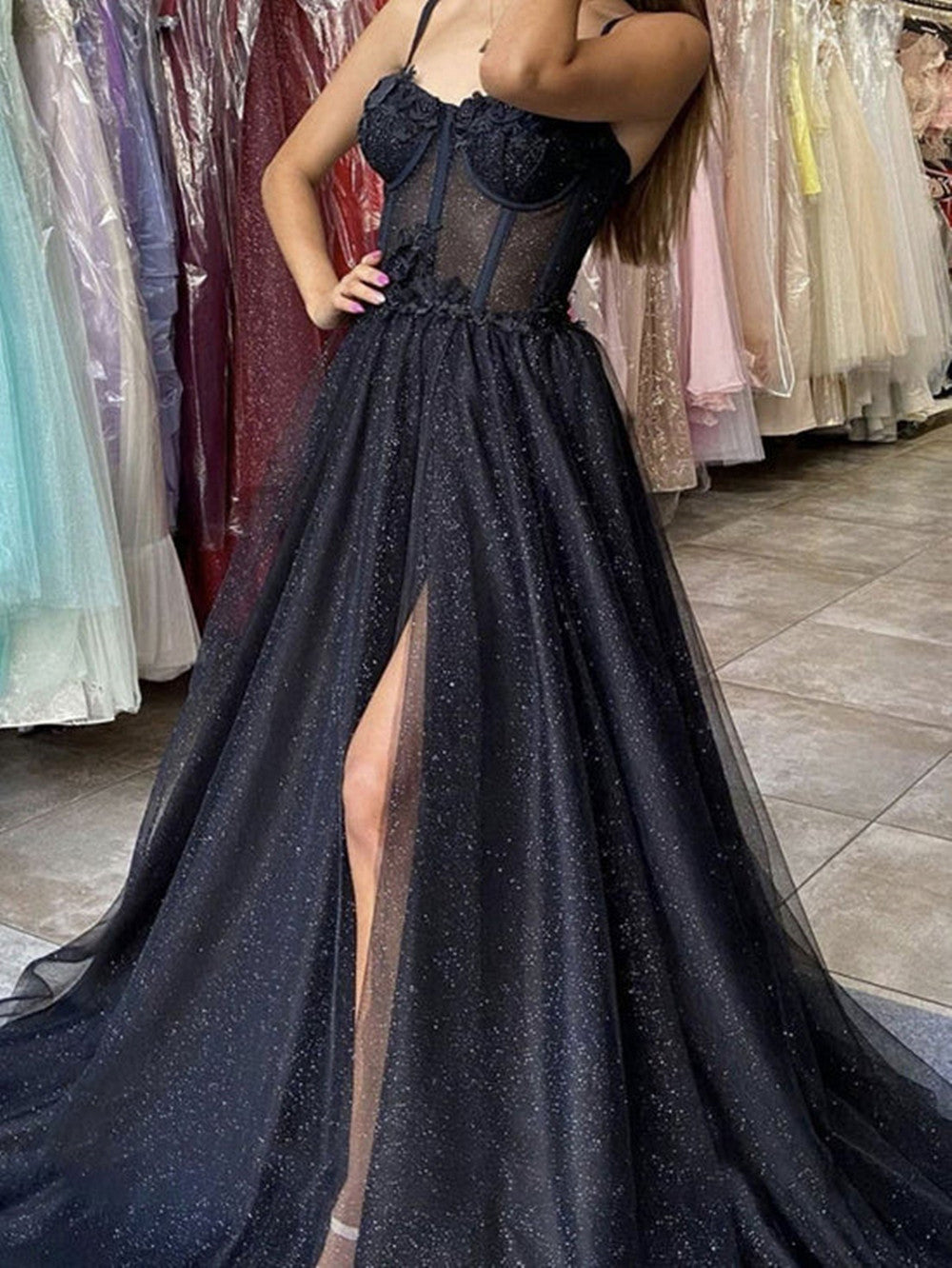 Black Sweetheart Tulle with Lace Slit Leg Prom Dress, A-line Black Evening Dress