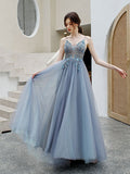 Blue V-neckline Tulle Straps Beaded Long Formal Dress, A-line Blue Evening Dress