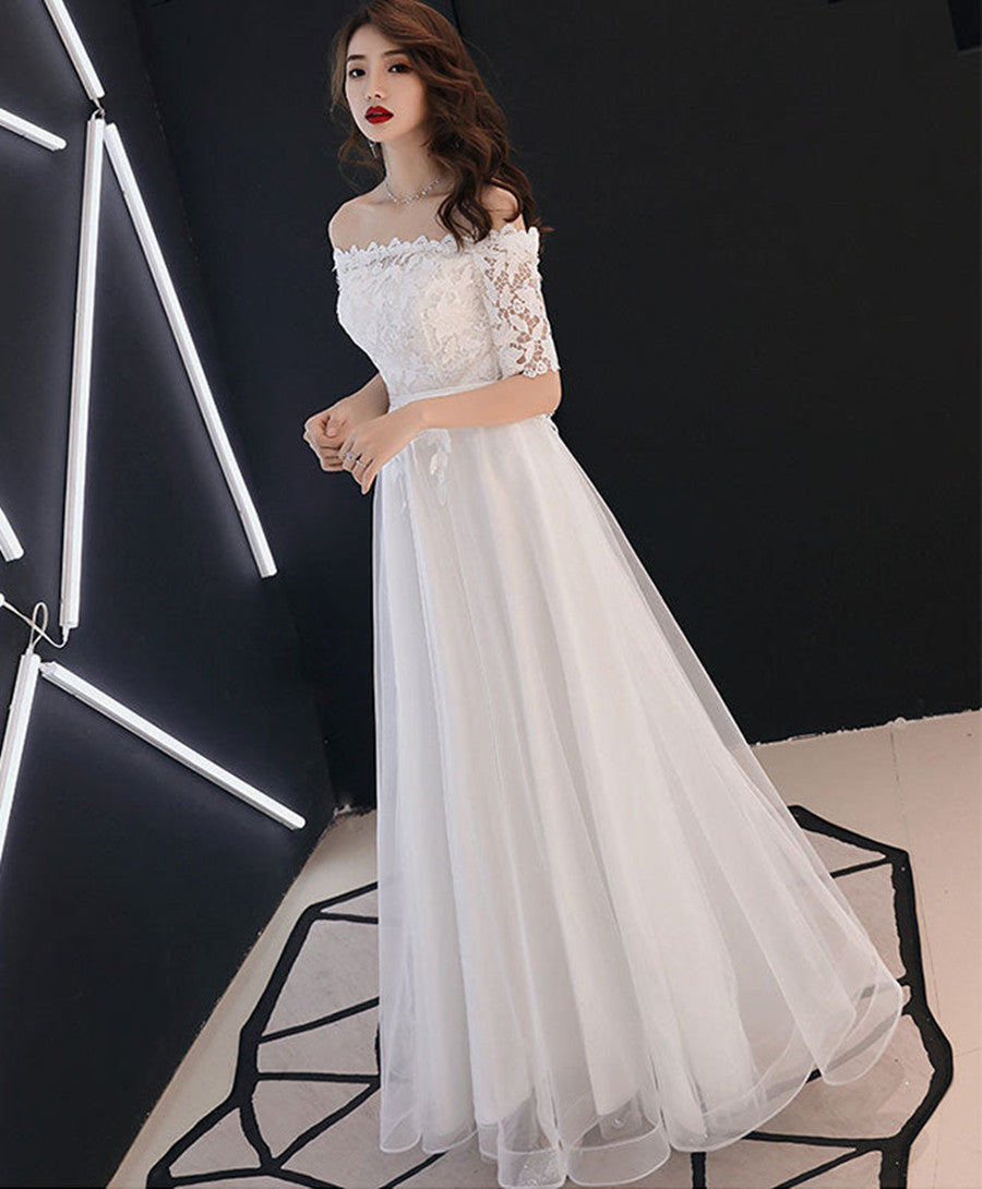 White Tulle with Lace Sleeves Long Party Dress, White Bridesmaid Dress