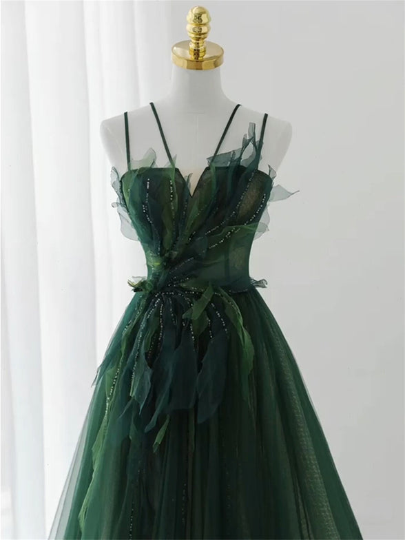 Green Straps Tulle Long A-line Party Dress, Green Floor Length Prom Dress