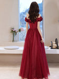 Wine Red Tulle Off Shoulder Beaded Shiny Long Prom Dress, Wine Red Evening Dress