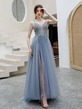 Blue V-neckline Tulle Straps Beaded Long Formal Dress, A-line Blue Evening Dress