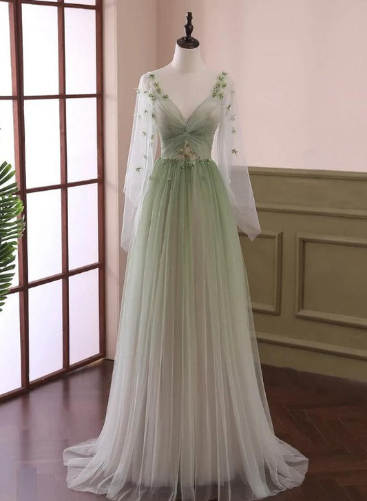 Green Gradient Puffy Sleeves Long Party Dress, A-line Beaded Prom Dress