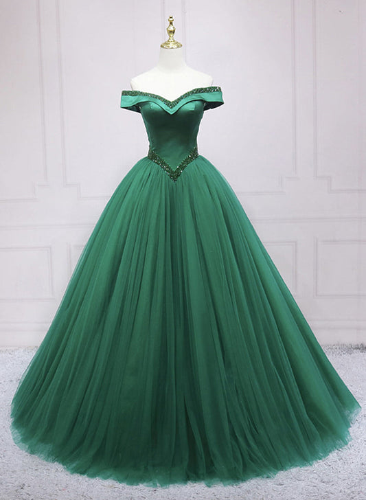 Green Beaded Ball Gown Sweetheart Tulle Party Dress, Green Sweet 16 Dress