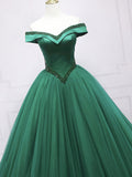 Green Beaded Ball Gown Sweetheart Tulle Party Dress, Green Sweet 16 Dress