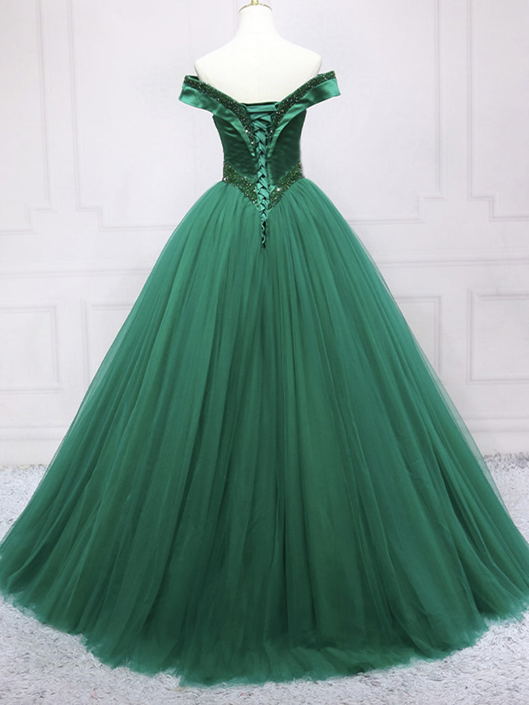 Green Beaded Ball Gown Sweetheart Tulle Party Dress, Green Sweet 16 Dress