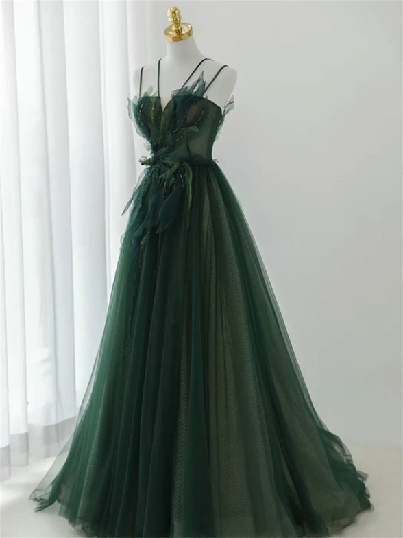 Green Straps Tulle Long A-line Party Dress, Green Floor Length Prom Dress