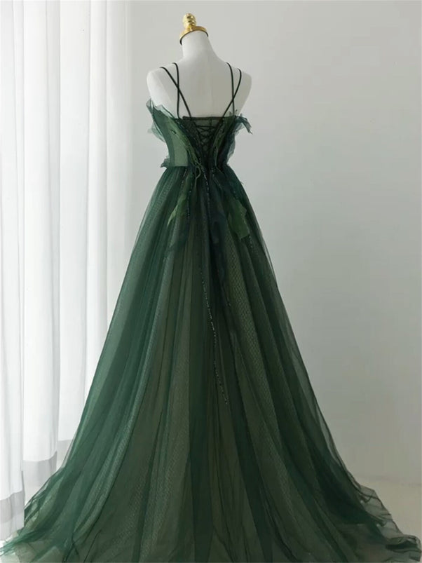 Green Straps Tulle Long A-line Party Dress, Green Floor Length Prom Dress