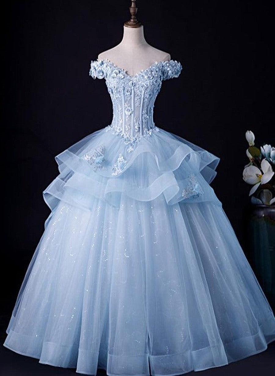 Light Blue Ball Gown Off Shoulder with Lace Sweet 16 Dress, Blue Formal Dress