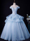 Light Blue Ball Gown Off Shoulder with Lace Sweet 16 Dress, Blue Formal Dress