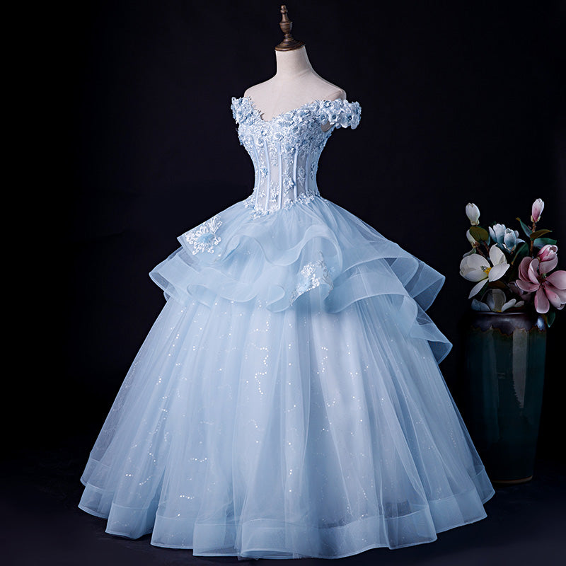 Light Blue Ball Gown Off Shoulder with Lace Sweet 16 Dress, Blue Formal Dress