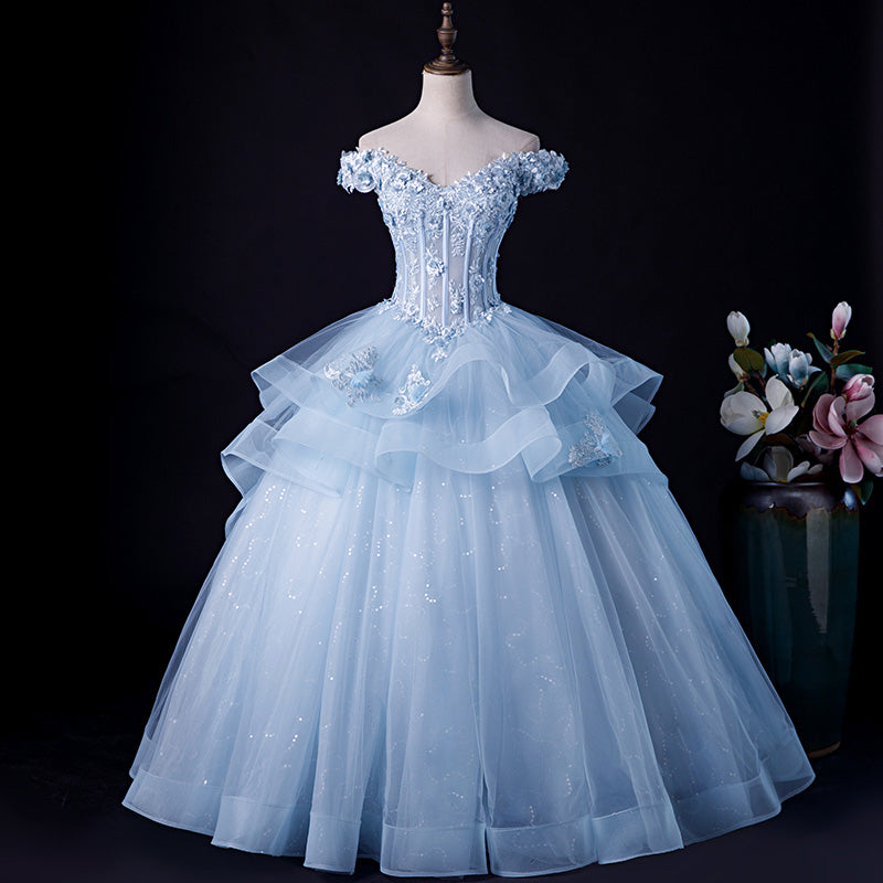 Light Blue Ball Gown Off Shoulder with Lace Sweet 16 Dress, Blue Formal Dress