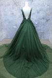 Glam Dark Green V-Neckline Lace Applique Low Back Party Dress, Green Tulle Prom Dress