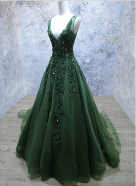 Glam Dark Green V-Neckline Lace Applique Low Back Party Dress, Green Tulle Prom Dress