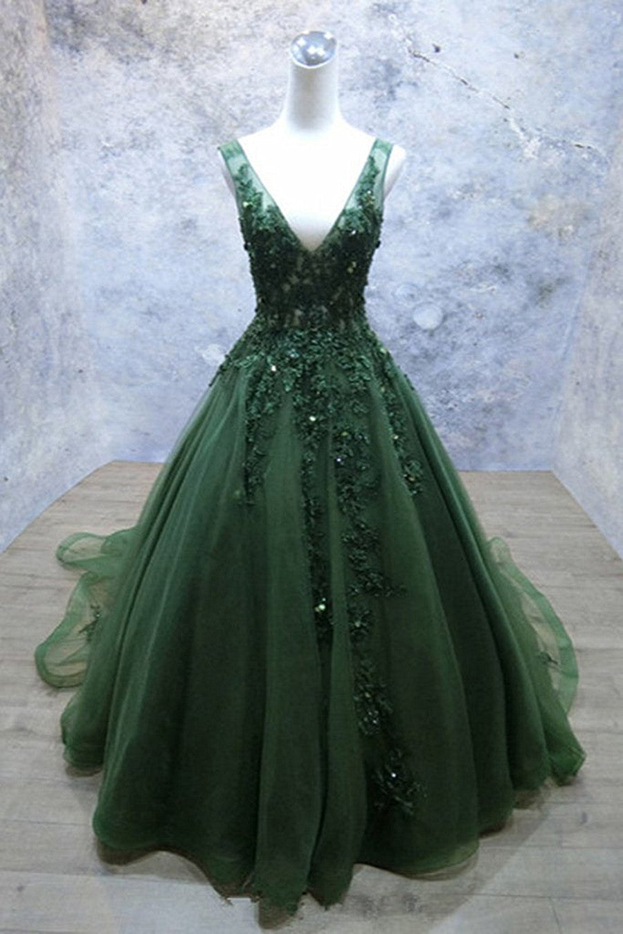 Glam Dark Green V-Neckline Lace Applique Low Back Party Dress, Green Tulle Prom Dress